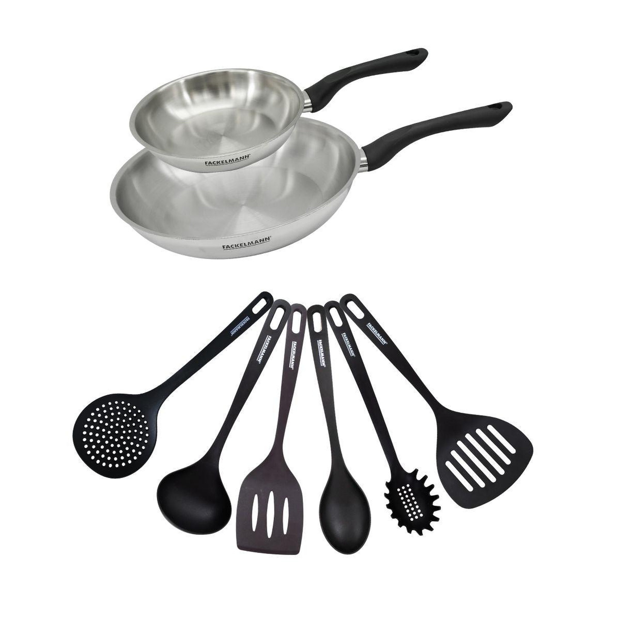Fackelmann Set 2 poêles 20 et 28 cm en inox et 6 ustensiles fackelmann geneva
