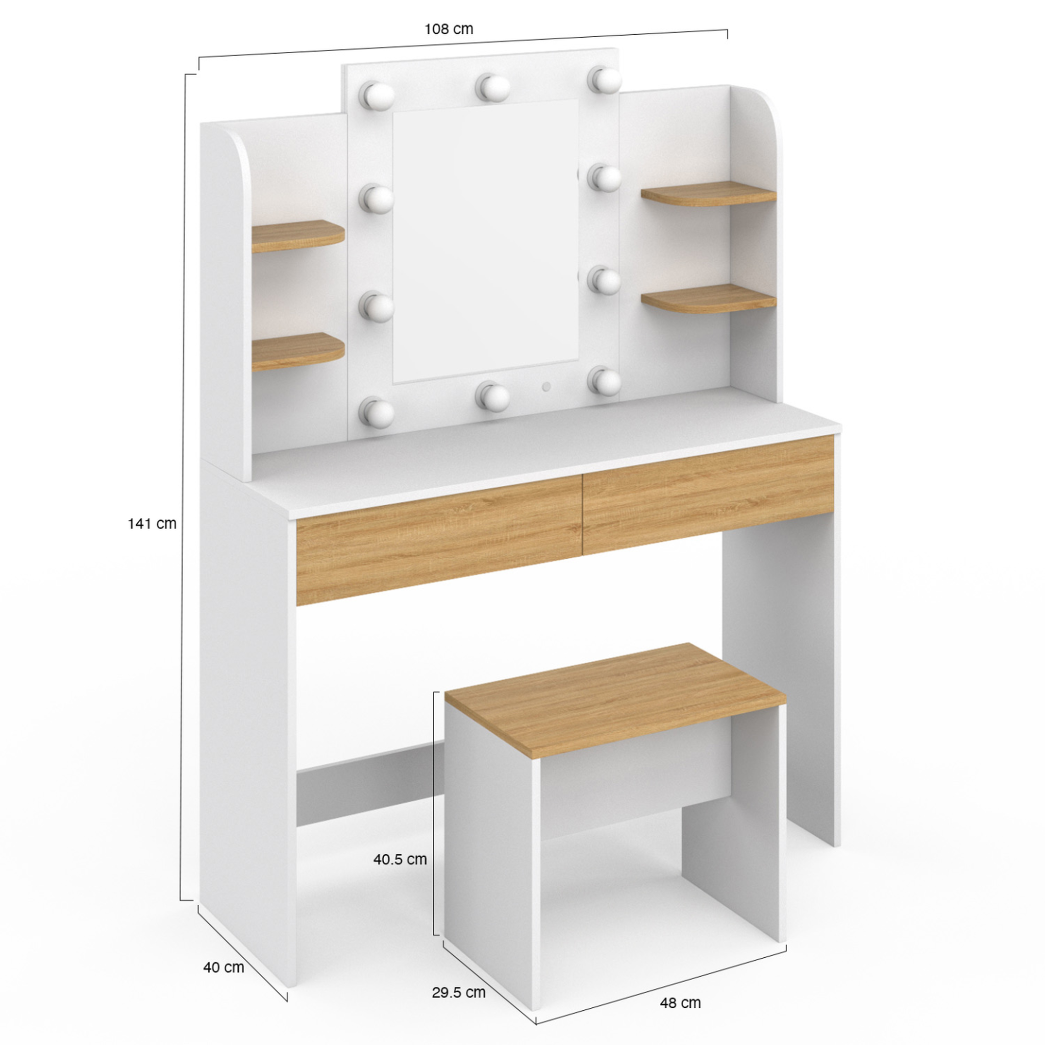 Voir la diapositive 6 : ID MARKET Coiffeuse zelia blanc et hêtre table de maquillage 4 étagères, miroir led et tabouret