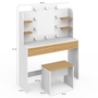Voir la diapositive 6 : ID MARKET Coiffeuse ZELIA blanc et hêtre table de maquillage 4 étagères, miroir LED et tabouret