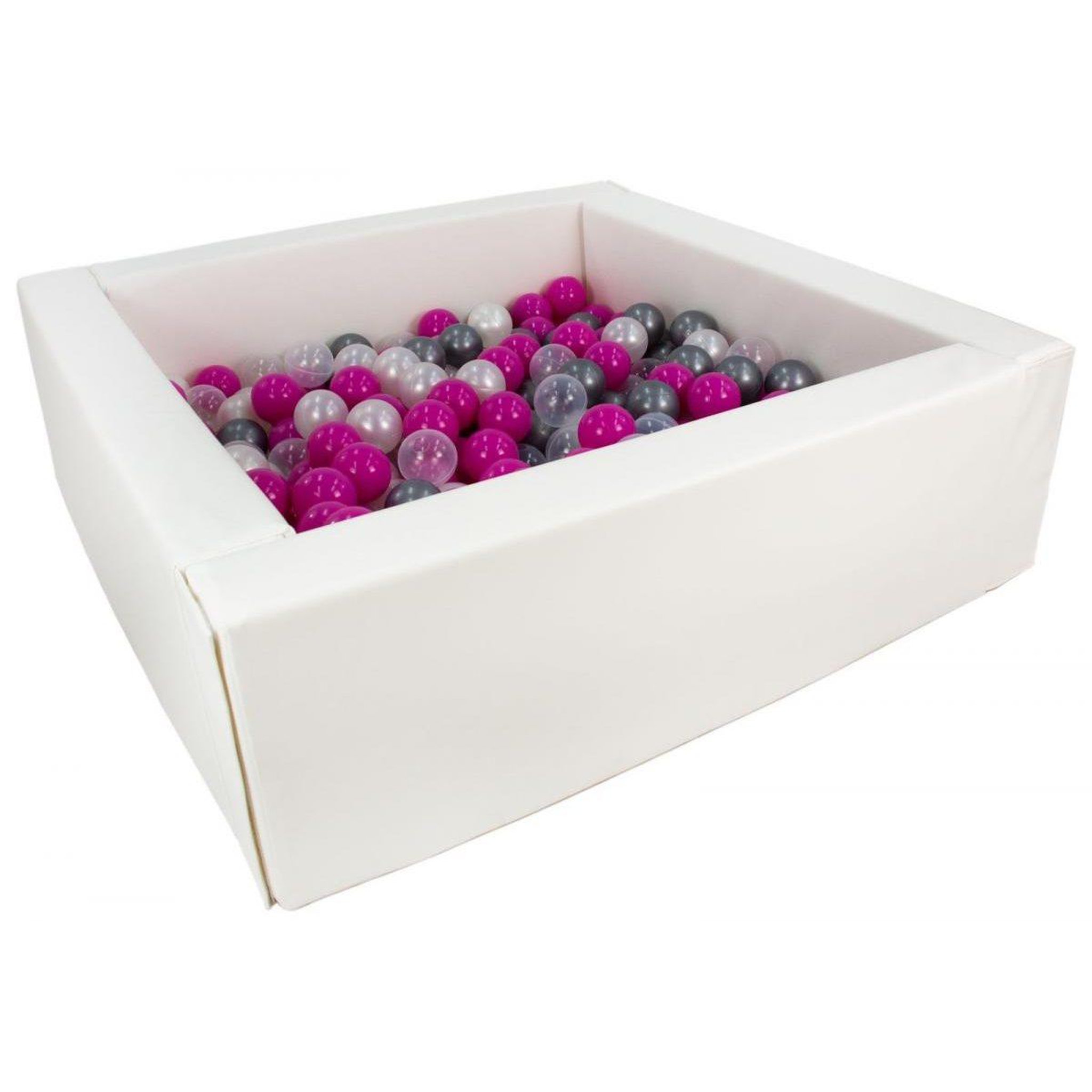 VELINDA Piscine à balles carrée avec 200 balles - blanc/perle, transparent, rose, argent