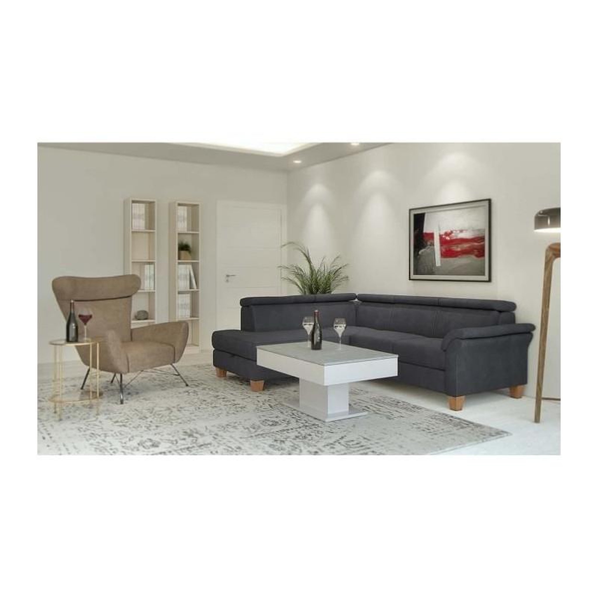 Voir la diapositive 2 : FMD Table basse bicolore avec plateau coulissant - Décor gris béton LA et blanc brillant - L100 x H46,1 x P65 cm - Fabriqué en Al