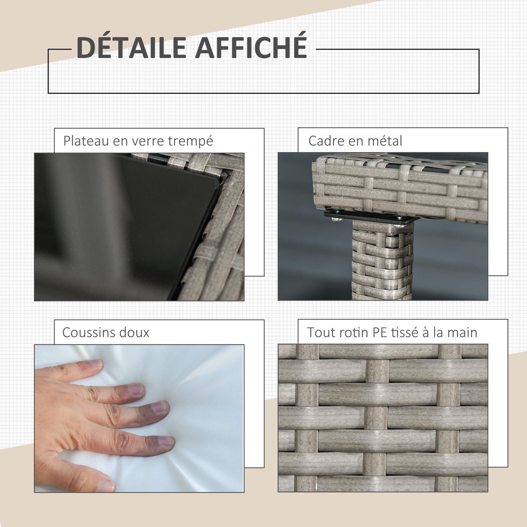 Voir la diapositive 6 : OUTSUNNY Outsunny Ensemble salon de jardin encastrable 2 fauteuils monoblocs + 2 tabourets + table basse résine tressée coussins déhoussables crème gris