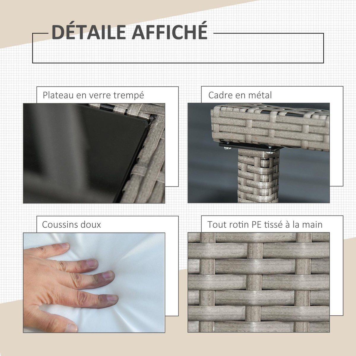 OUTSUNNY Outsunny Ensemble salon de jardin encastrable 2 fauteuils monoblocs + 2 tabourets + table basse résine tressée coussins déhoussables crème gris