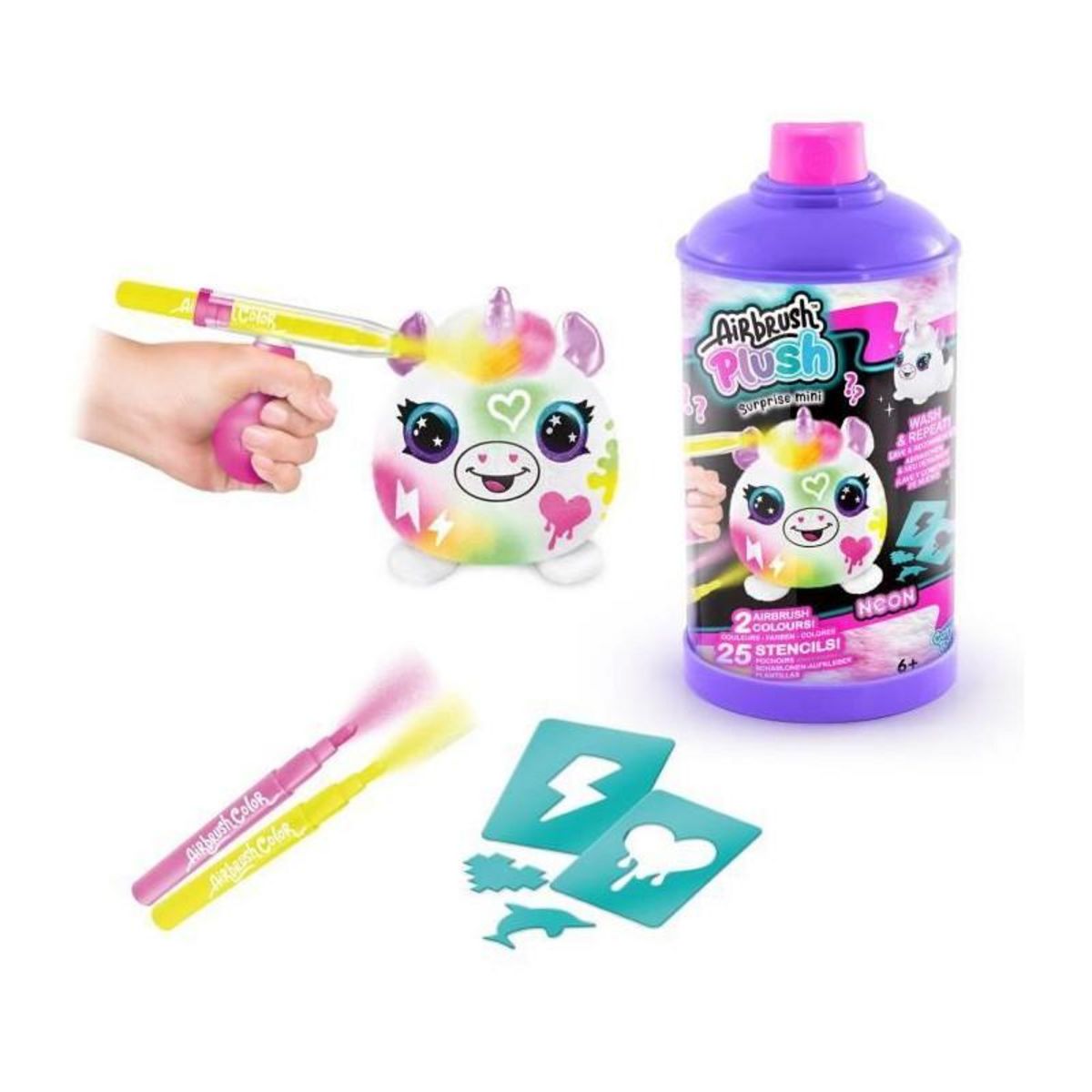 Canal Toys Canal Toys - Airbrush Plush - Mini Peluche surprise a Personnaliser avec Feutres et Pochoirs - 1-pack Néon - AIR 020