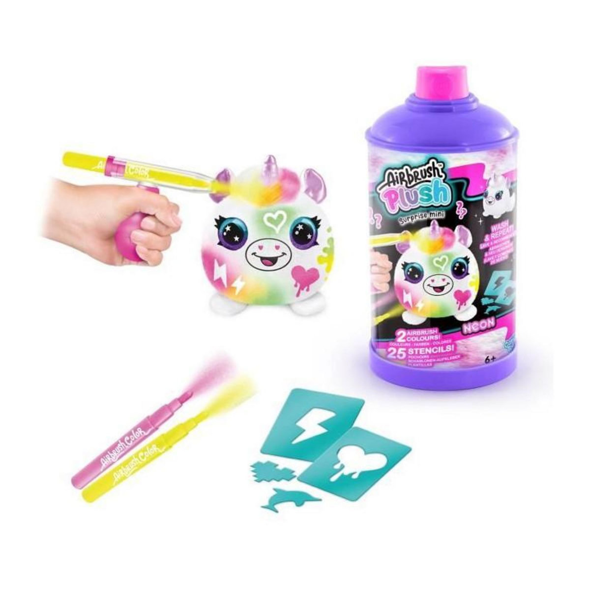Canal Toys Canal Toys - Airbrush Plush - Mini Peluche surprise a Personnaliser avec Feutres et Pochoirs - 1-pack Néon - AIR 020