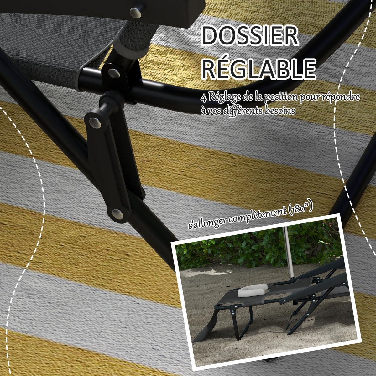 OUTSUNNY Bain de soleil transat pliable inclinable - coussins, espace tête - acier noir polyester antracite