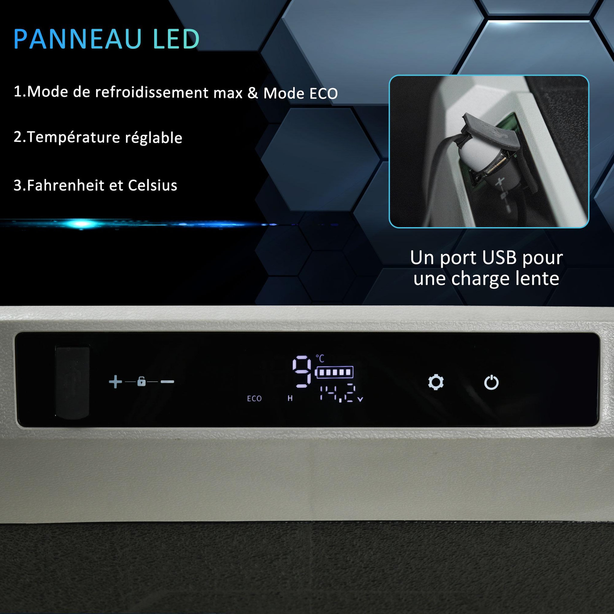 Voir la diapositive 5 : OUTSUNNY Outsunny Glacière électrique 50L portable, réfrigérateur congélateur avec lumière LED intérieure et poignées pliables - dim. 71,1L x 46l x 50,6H cm - noir et gris