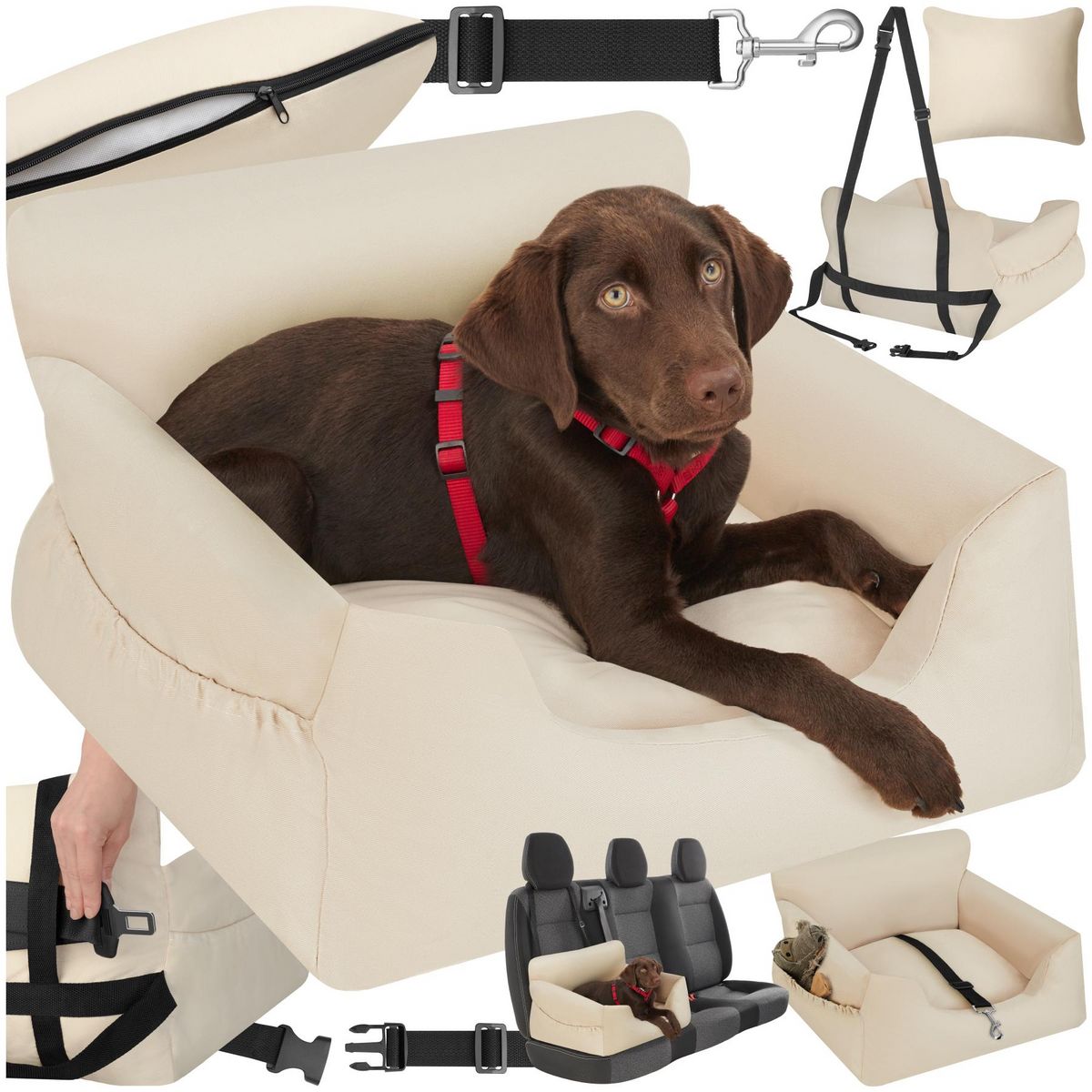 Siège Auto Chien FoiiLiio - Panier Voiture Avec Sangles Fixation Et Poignées - Confort Banquette Arrière Petits Chiens