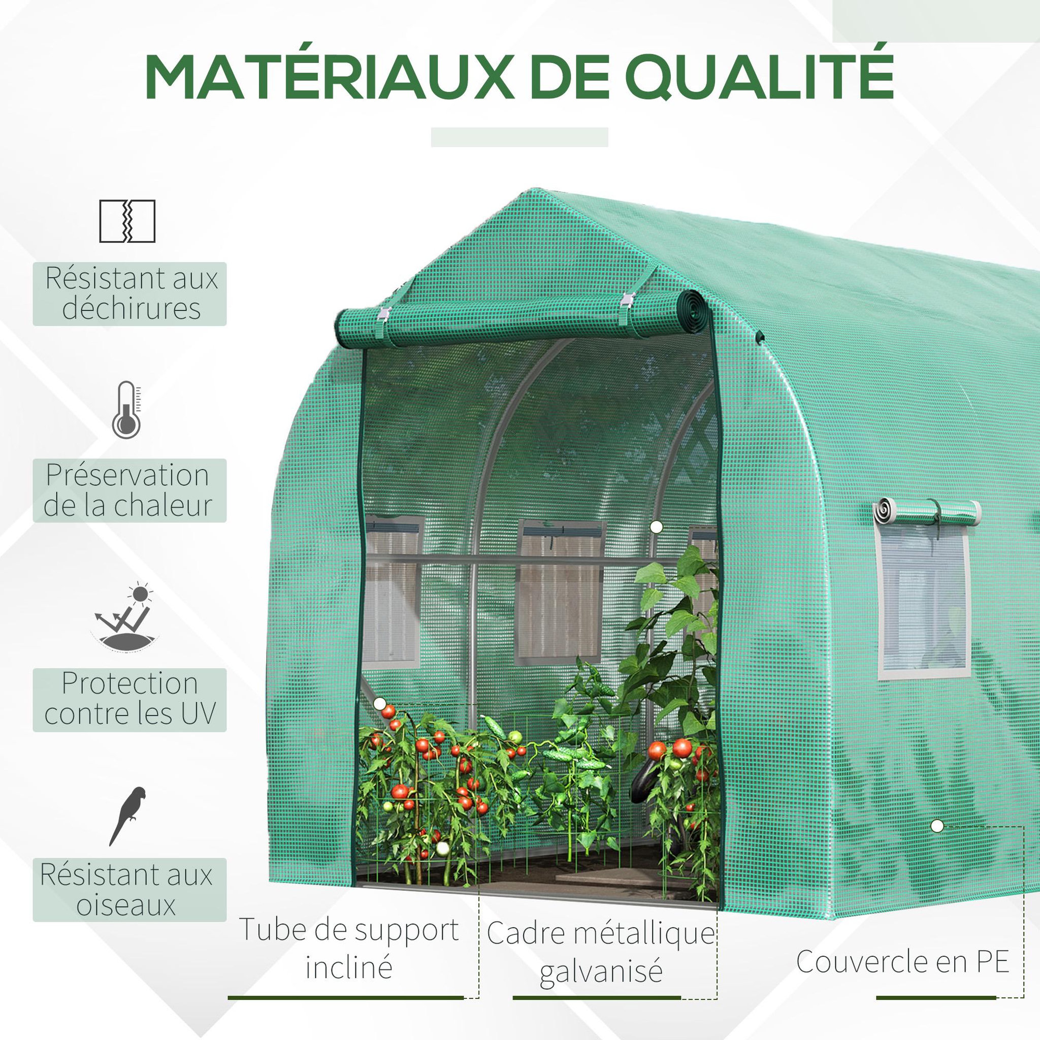 Voir la diapositive 4 : OUTSUNNY Serre de jardin tunnel 6 m² 6 fenêtres porte zippée acier galvanisé pe vert