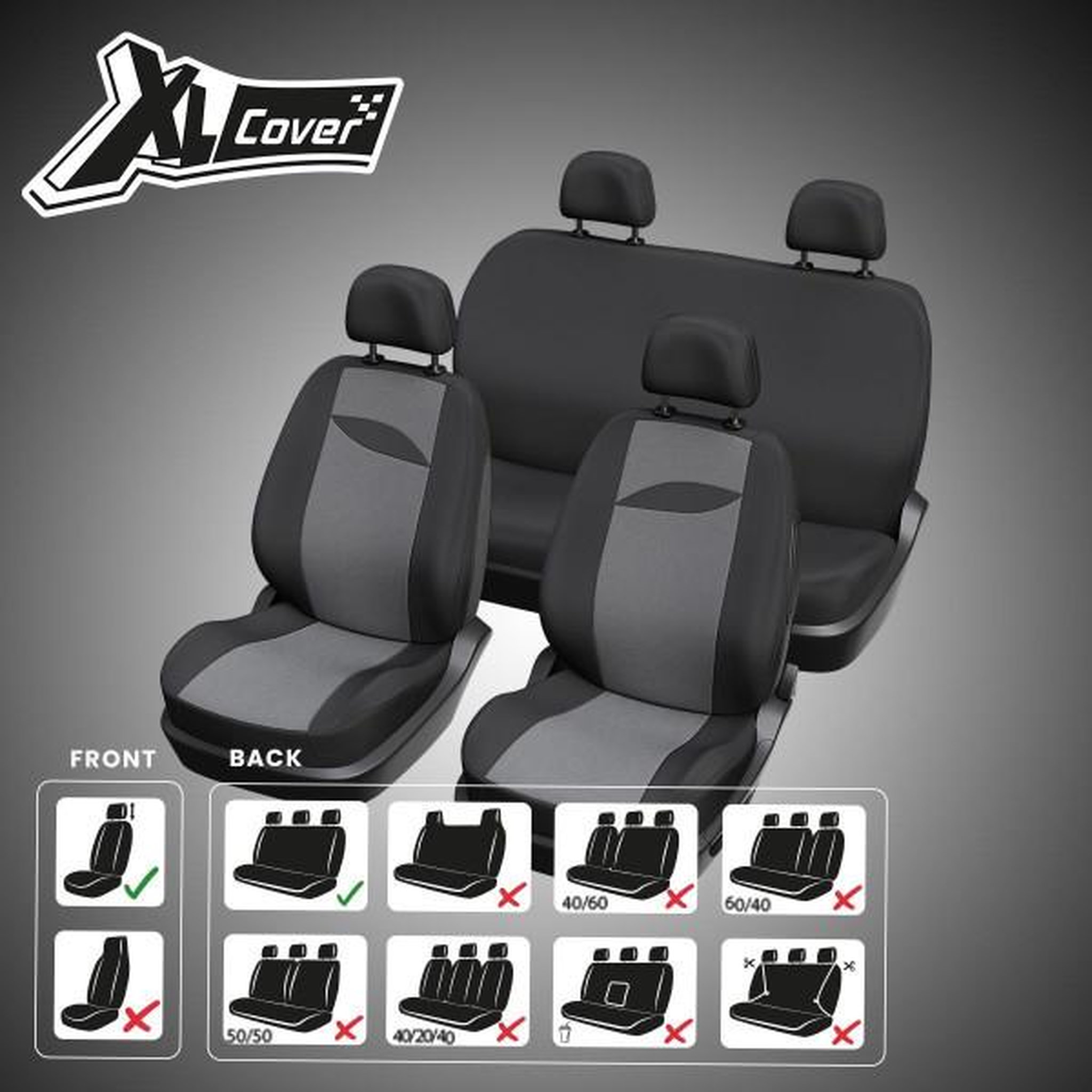 Voir la diapositive 6 : Housses auto - XLCOVER - Non fractionnable - Compatible Airbags - Housses sieges avant, appuis-tete et banquette arriere