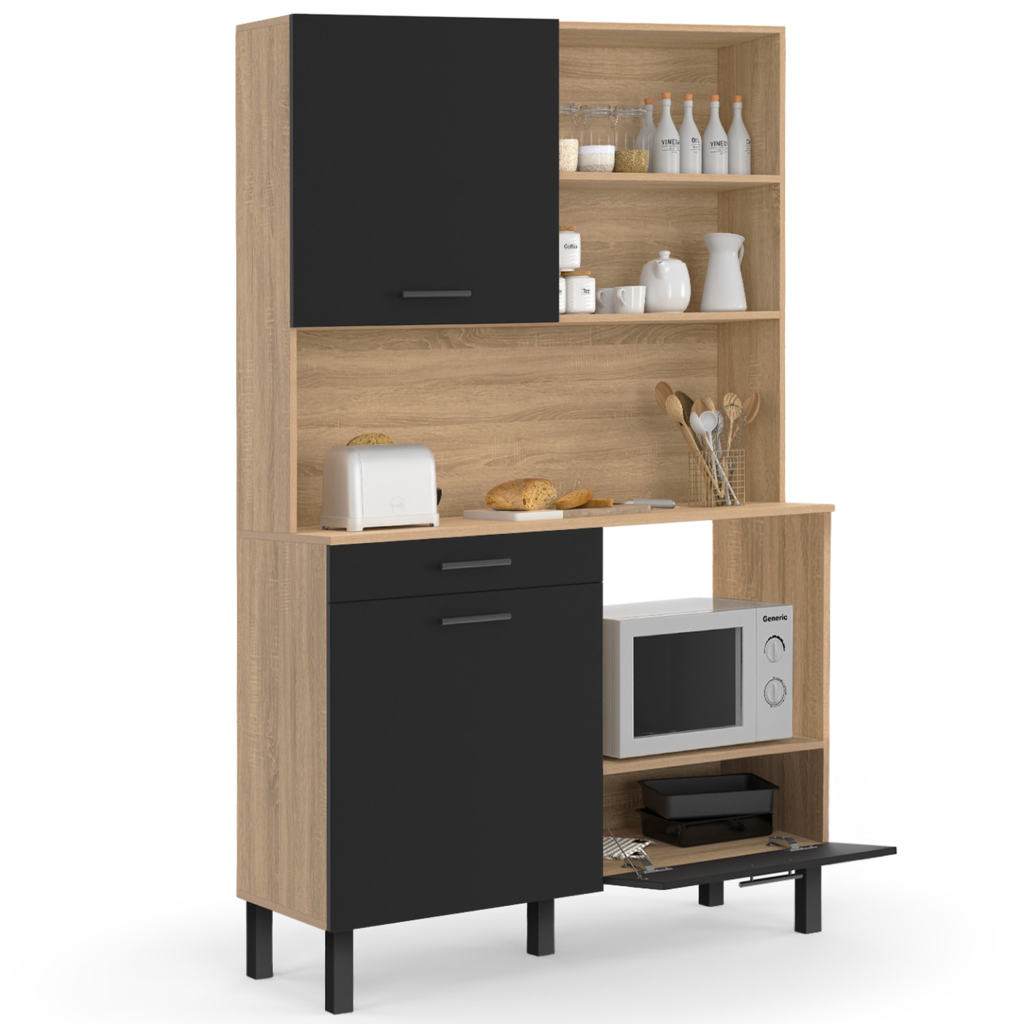Voir la diapositive 4 : ID MARKET Buffet de cuisine 120 cm cina 3 portes + 1 tiroir façon hêtre et noir
