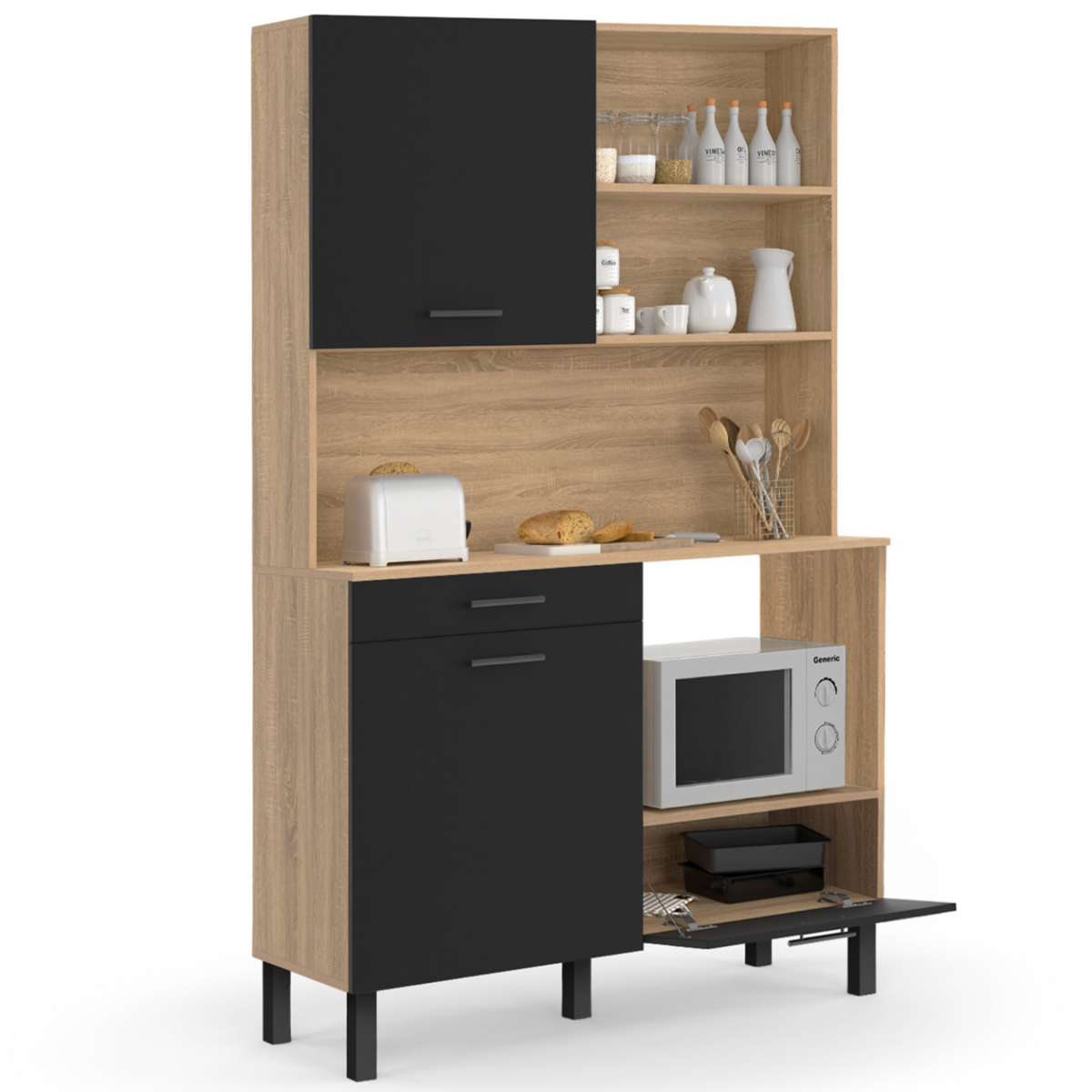 ID MARKET Buffet de cuisine 120 CM CINA 3 portes + 1 tiroir façon hêtre et noir