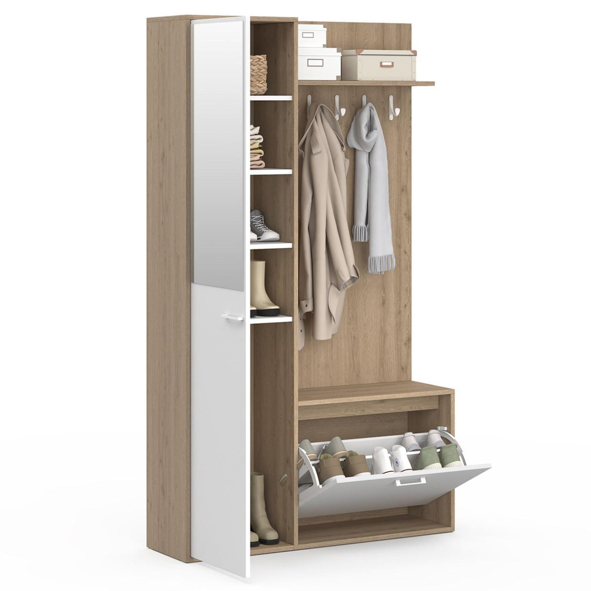 ID MARKET Vestiaire d'entrée rangement chaussures avec miroir et étagères MAHAUT 1 porte effet bois et blanc