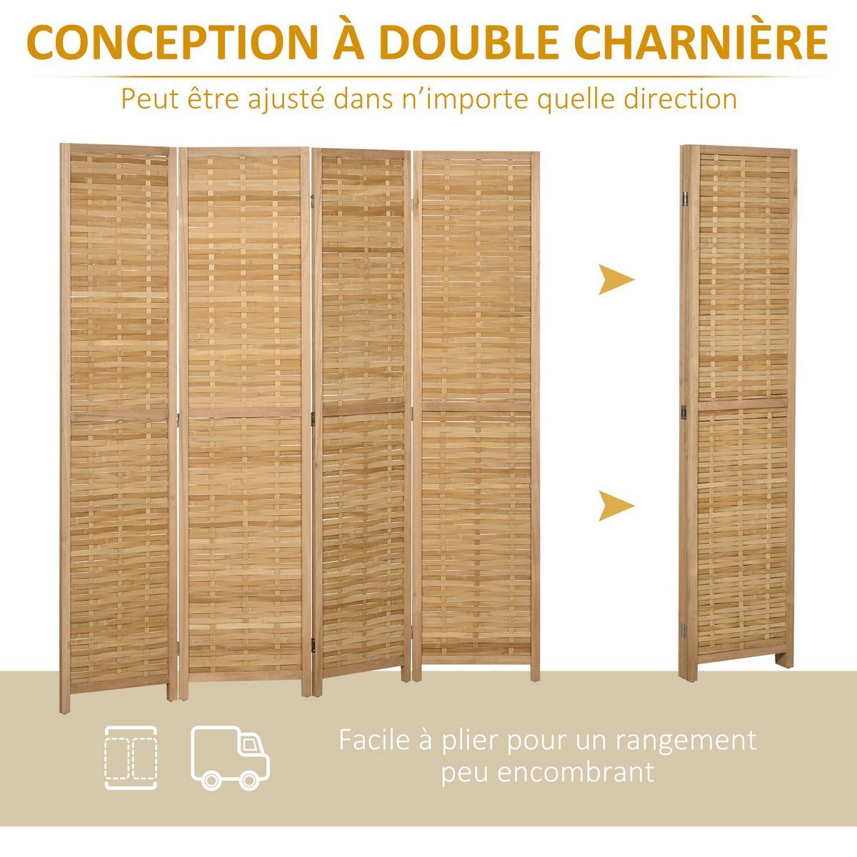 HOMCOM Paravent intérieur séparateur de pièce pliable 4 panneaux dim. 160L x 170H cm bois bambou