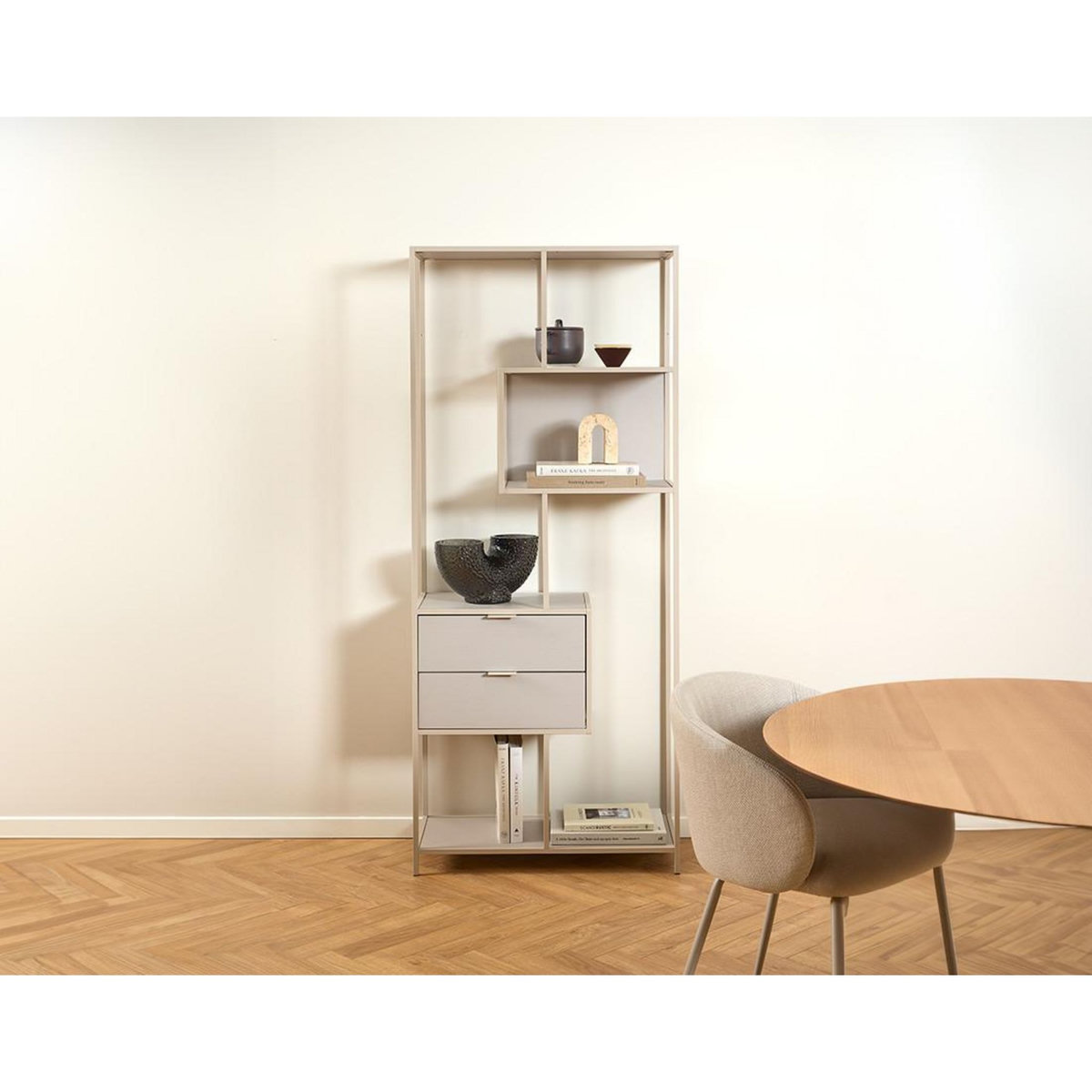 LISA DESIGN Anthea - étagère filaire métal avec plaquage en effet bois blanchi - avec tiroirs - 77 cm - gris