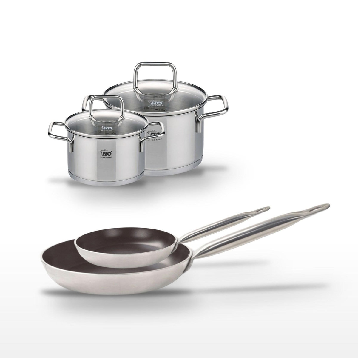 ELO Lot 2 Poêles 24/32cm avec revêtement céramique sans PFAS et 2 Faitouts 16/20cm Elo Bistro Line Citrin