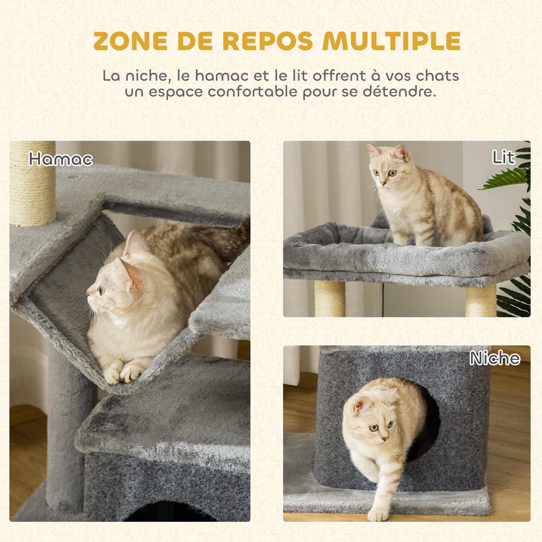 Voir la diapositive 5 : PAWHUT Arbre à chat h.90cm - griffoirs, plateforme d'observation, niche, hamac, boules suspendues - gris