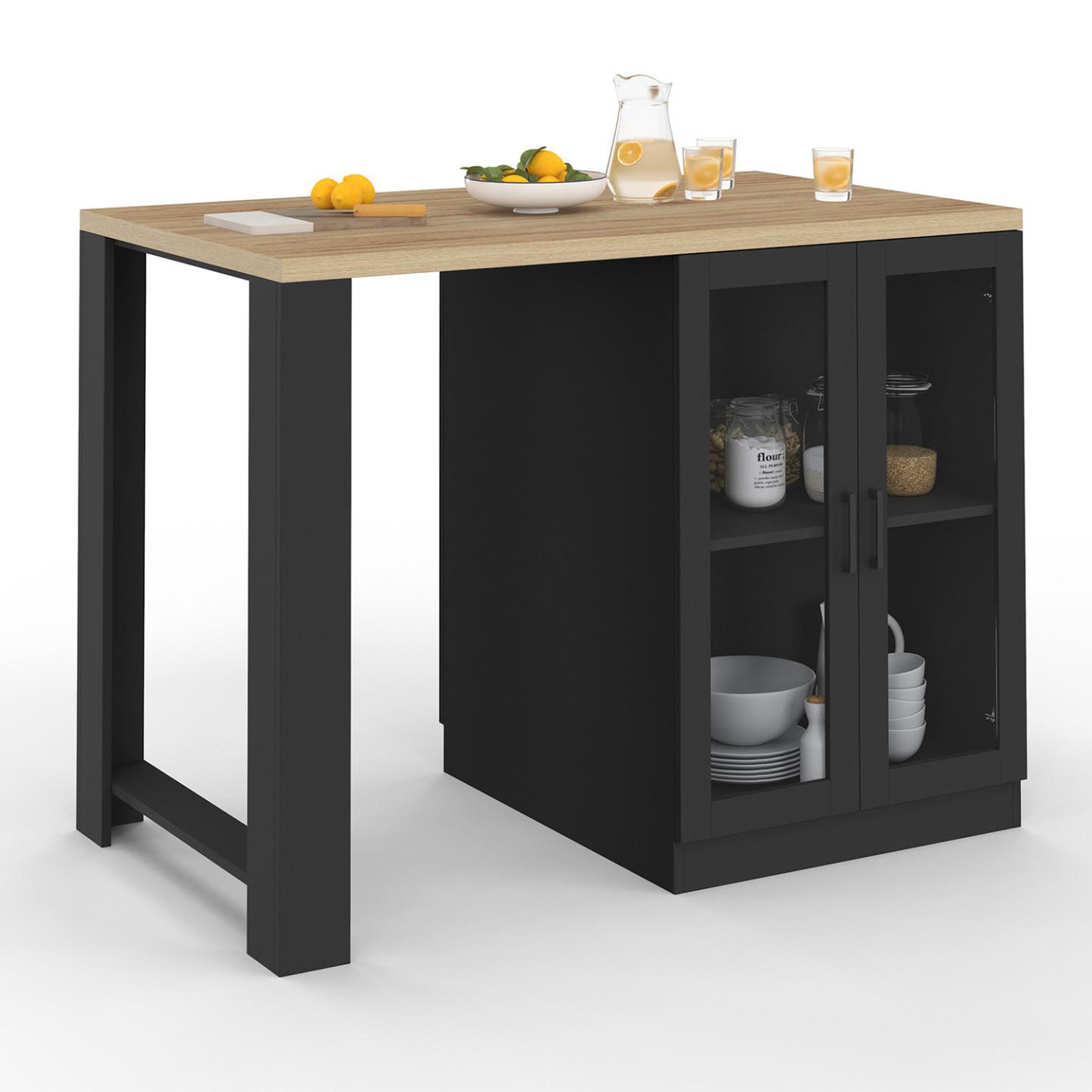 ID MARKET Ilot central lino 120 cm 2 personnes bois noir avec plan de travail façon hêtre et portes vitrées