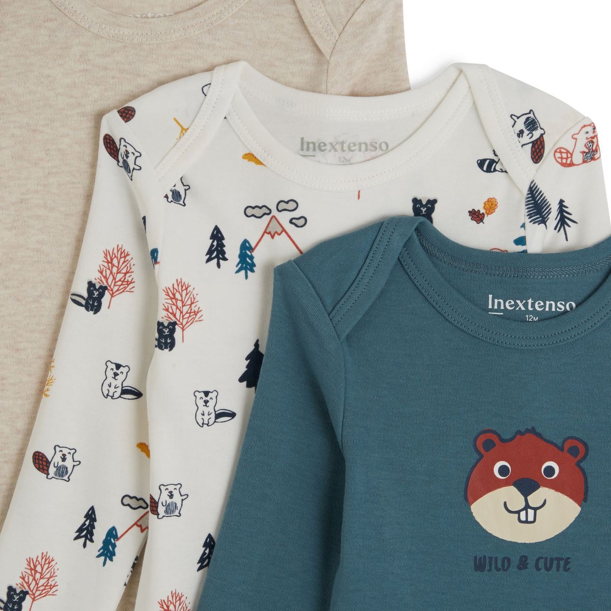 INEXTENSO Lot de 3 bodies manches longues castor bébé garçon