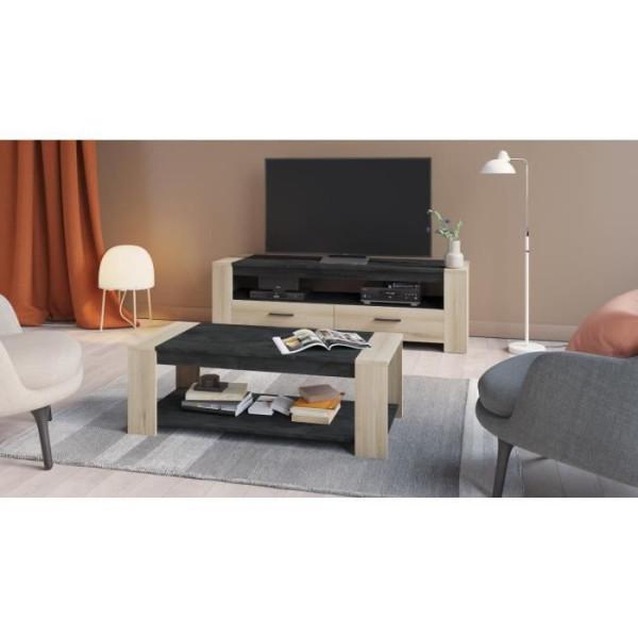 Demeyere Ensemble salon sheffield composé de : table basse double plateau supérieur et inférieur + meuble tv 2 tiroirs - demeyere
