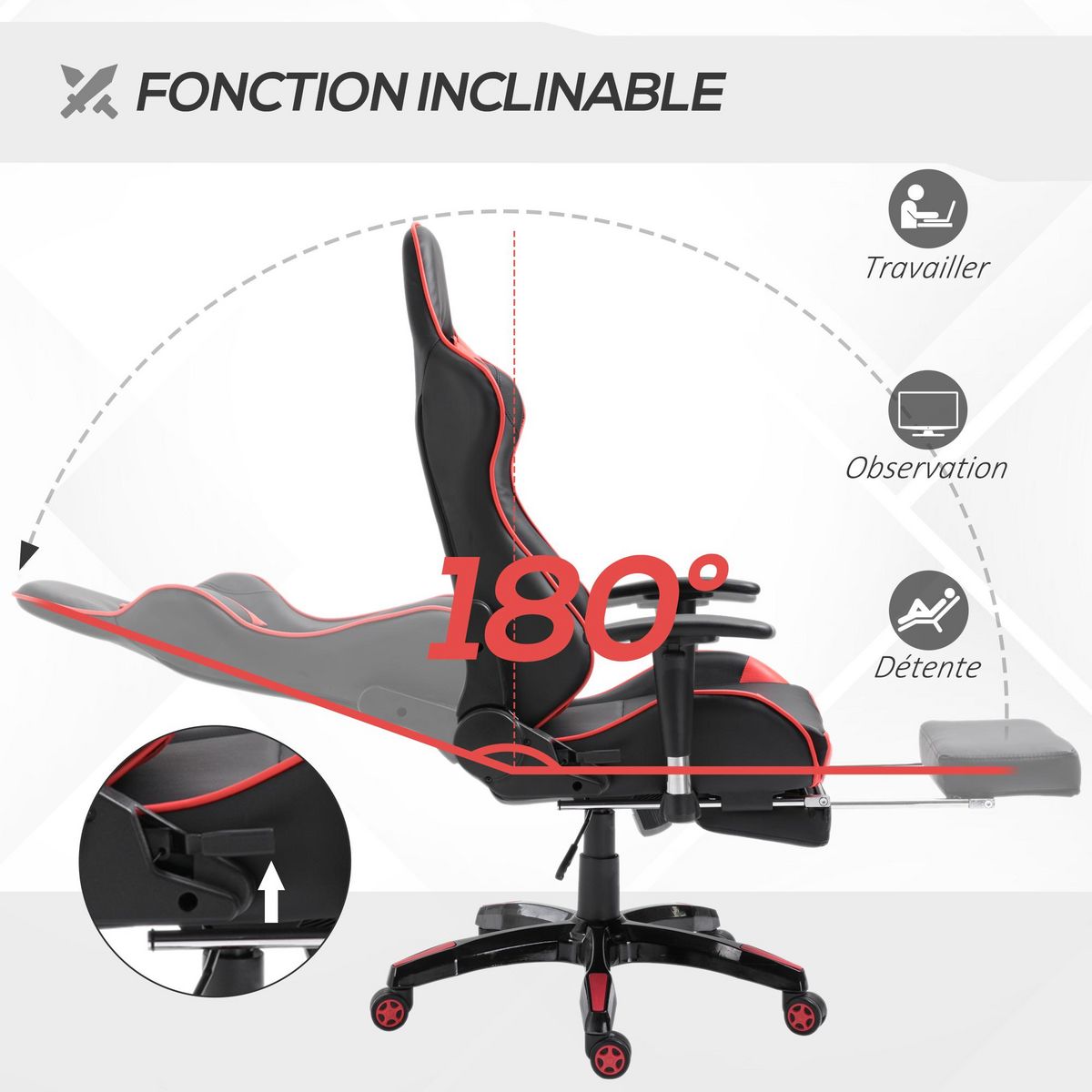HOMCOM Chaise de bureau gaming style baquet racing pivotant inclinable réglable avec coussins repose-pieds synthétique noir rouge