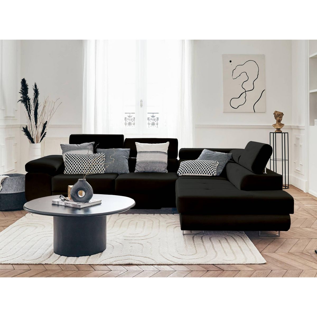 BEST MOBILIER Pablo - canapé d'angle droit - 5 places - convertible avec coffre et têtières réglables - en velours