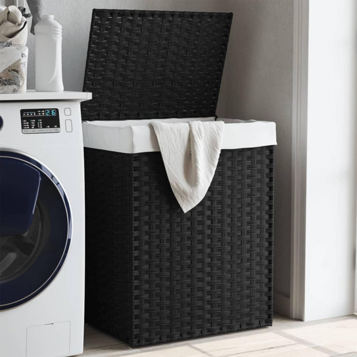 VIDAXL Panier a linge avec couvercle noir 46x33x60 cm resine tressee