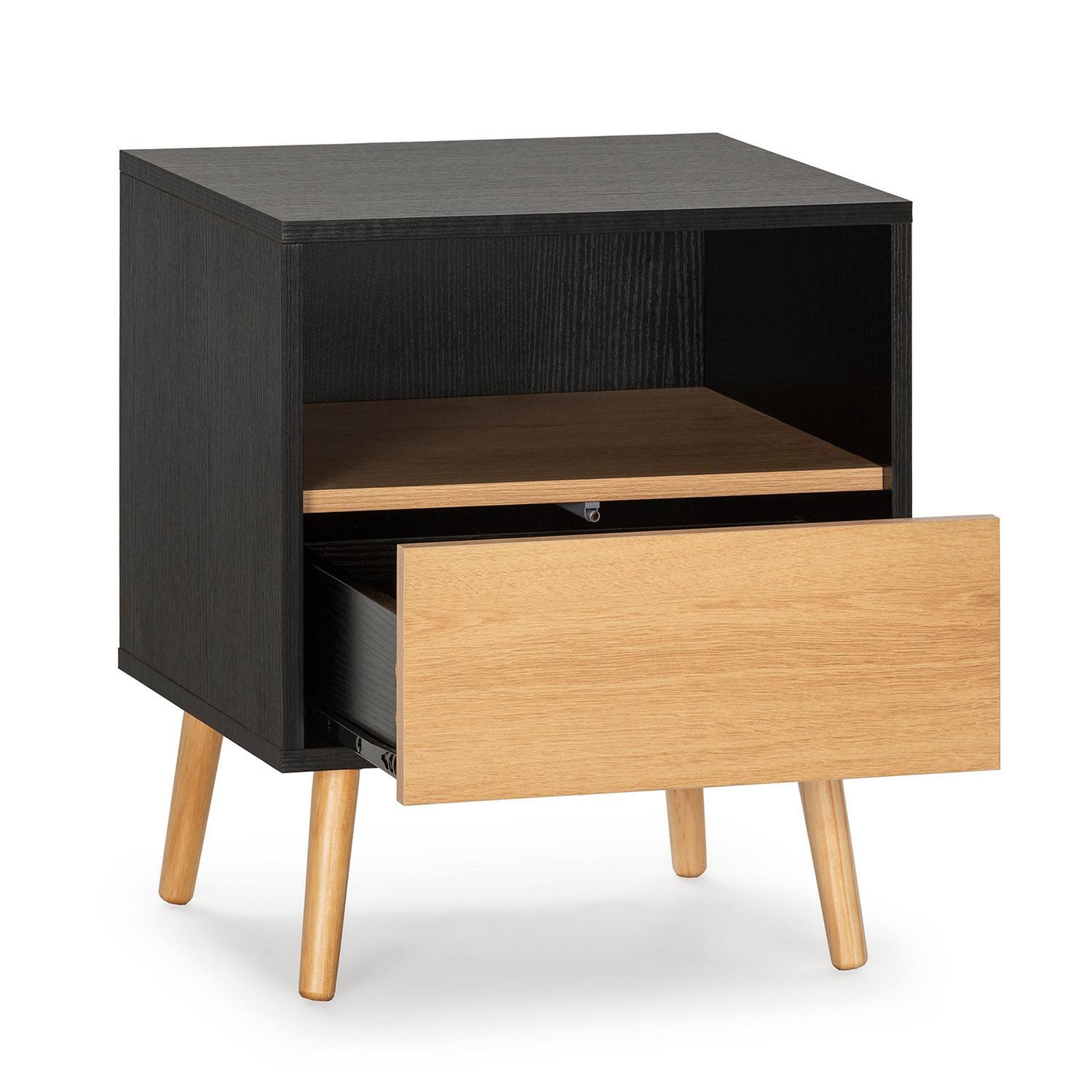 Voir la diapositive 3 : VS VENTA-STOCK Table de chevet 1 tiroir Apolo Couleur Noir/Bois