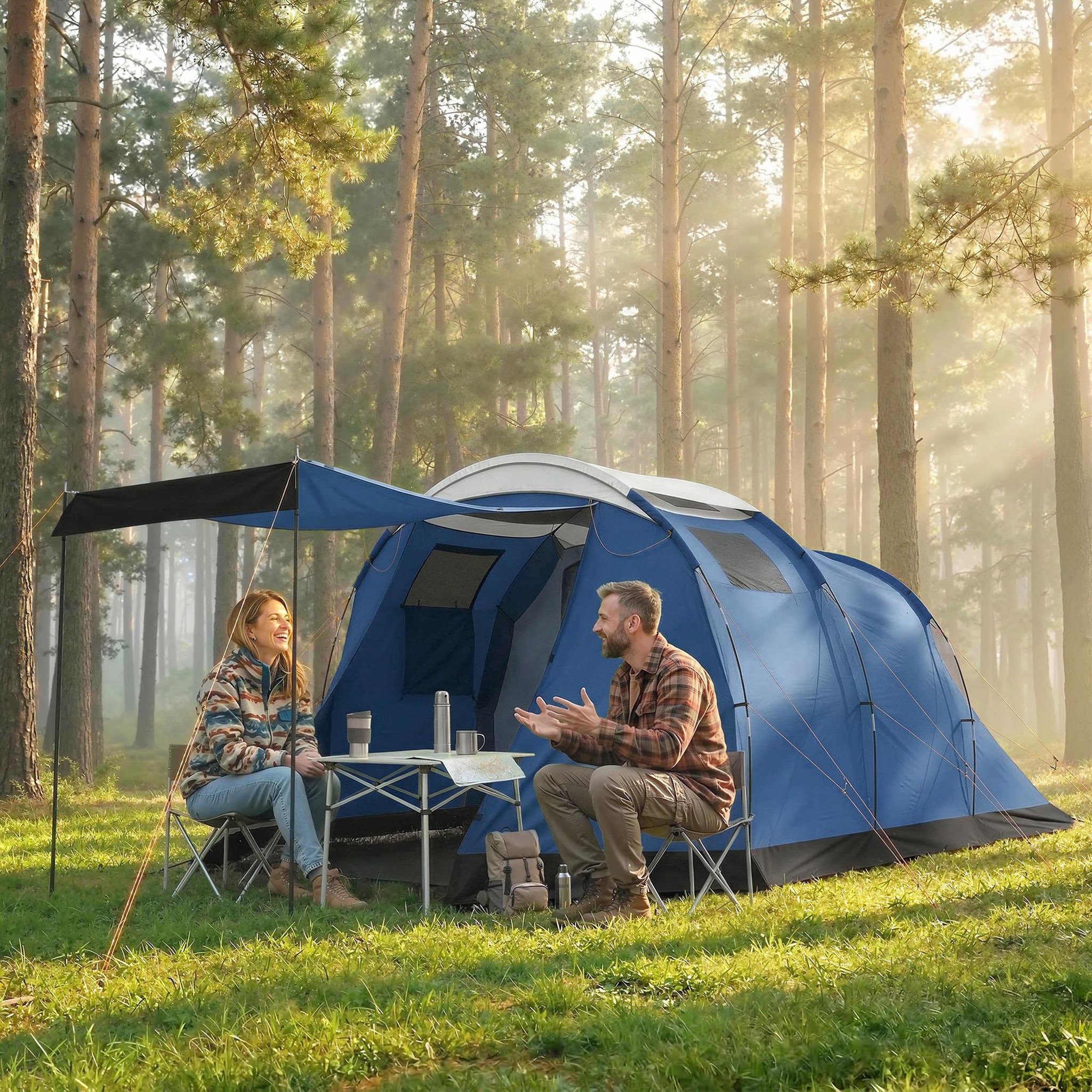 Voir la diapositive 2 : OUTSUNNY Tente de camping tunnel 4 pers. Imperméable 3000mm chambre séjour auvent