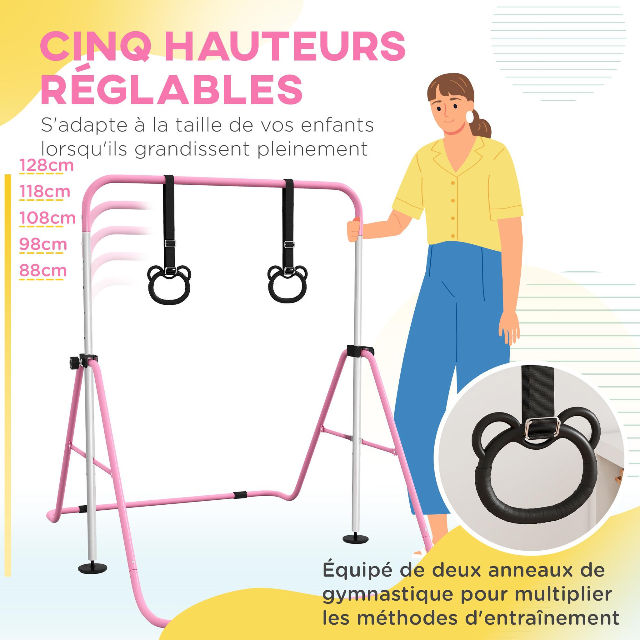 Voir la diapositive 4 : HOMCOM Portique d'anneaux double haubanage hauteur réglable dim. 148L x 105l x 88-128H cm acier rose