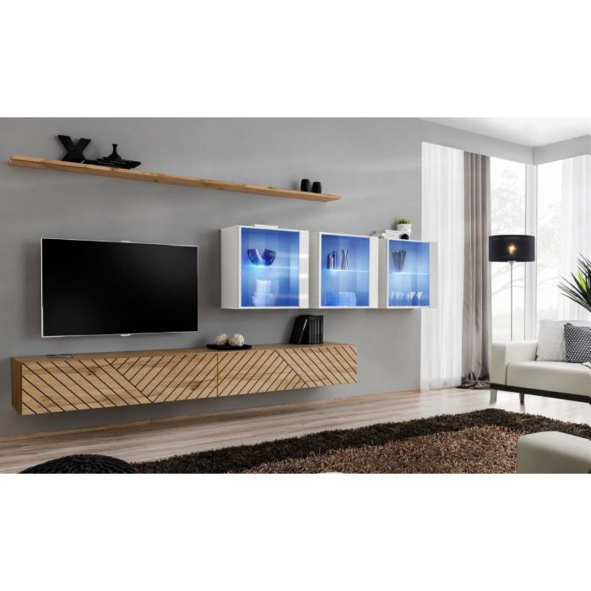 Paris Prix Ensemble Meuble TV  Switch Lamel XVII  340cm Naturel & Blanc