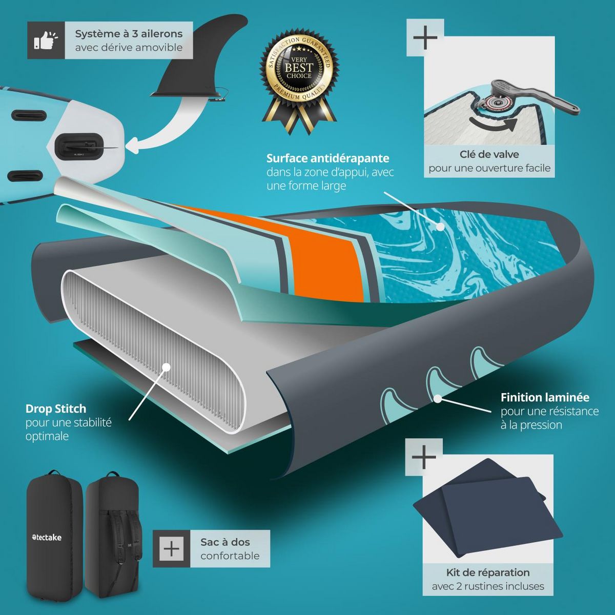 tectake Planche de stand-up paddle 2-en-1 en matériau Drop-Stitch turquoise/orange