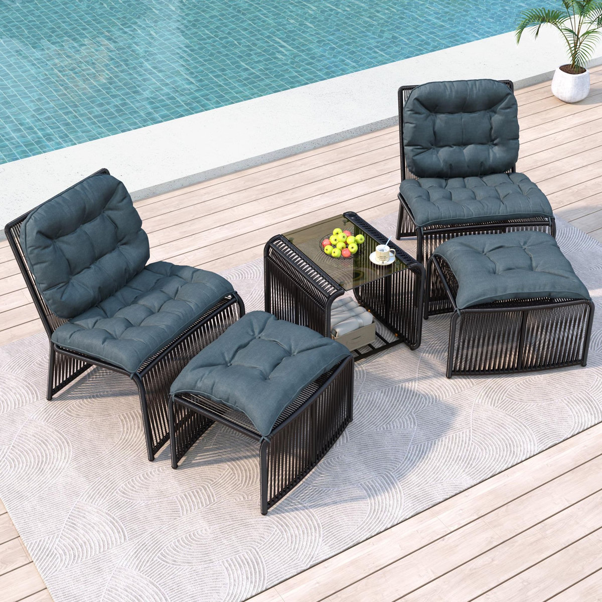 MERAX Salon de jardin 2 places avec table, fauteuils et tabourets, noir gris