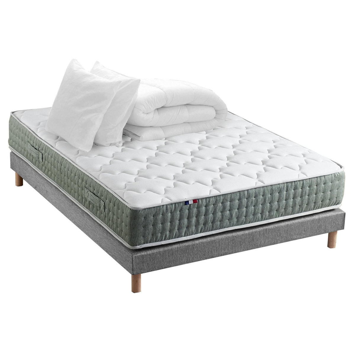 IDLITERIE Ensemble matelas Ressort 7 zones HYGGE + Sommier + couette + oreillers Fabriqué en France