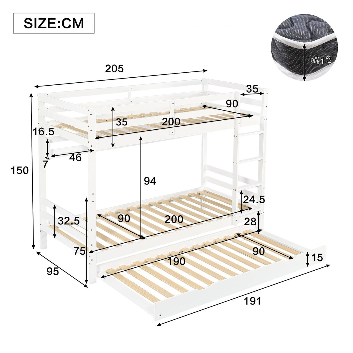 MERAX Lit superposé 90x200 cm coloris blanc pin