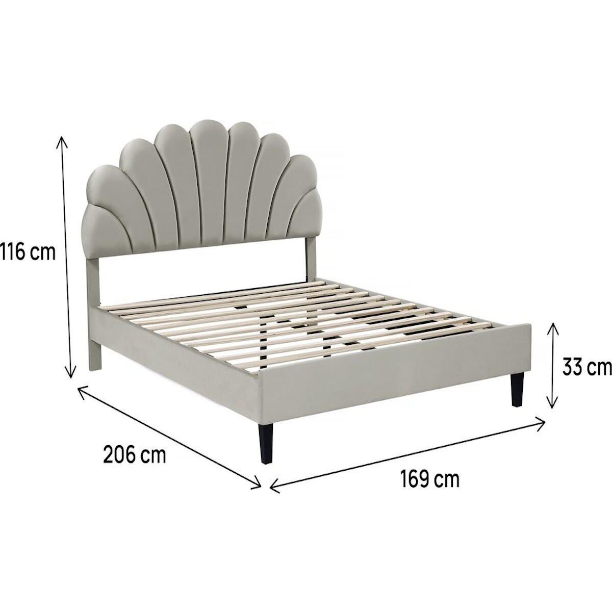 Habitat et Jardin Lit coquillage en velours  Manon  - 160 x 200 cm - Gris