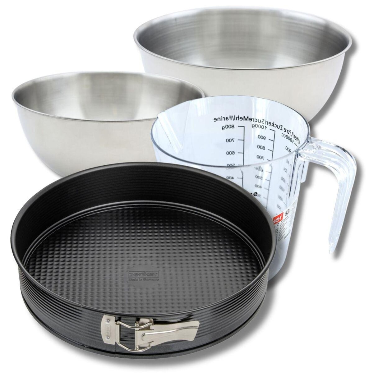 ZENKER Set pâtisserie avec moule à manqué 30 cm, 2 bols à mixer, verre mesureur et spatule Zenker