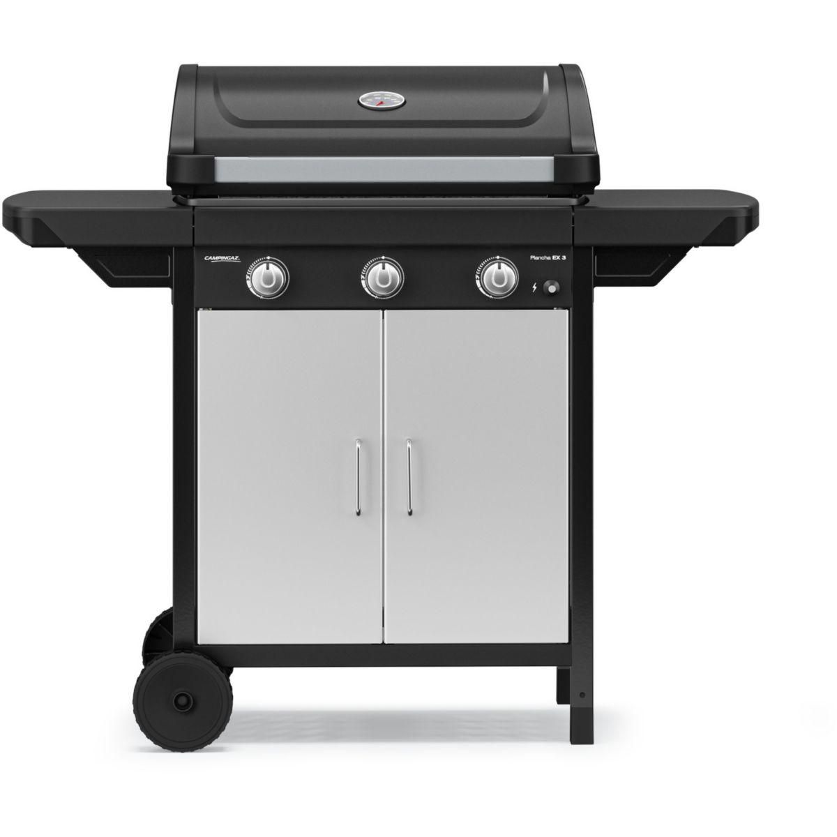 CAMPINGAZ Plancha gaz EX 3 noir 3 brûleurs sur chariot couvercle de cuissson, 60x35 cm