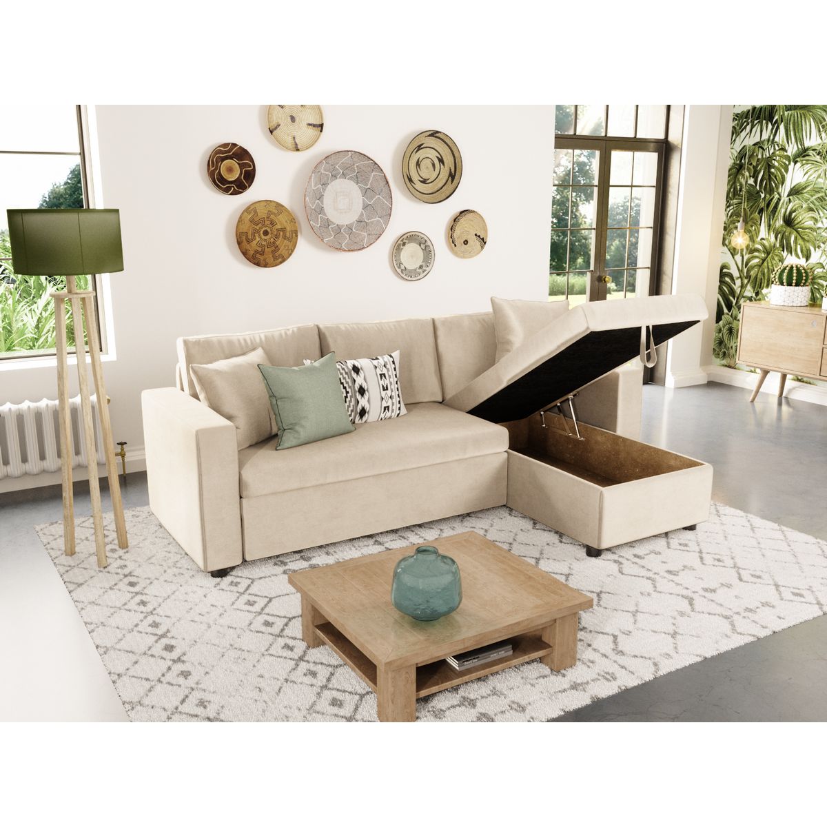 Canapé d'angle réversible convertible avec coffre en tissu ou velours GERALDINE 