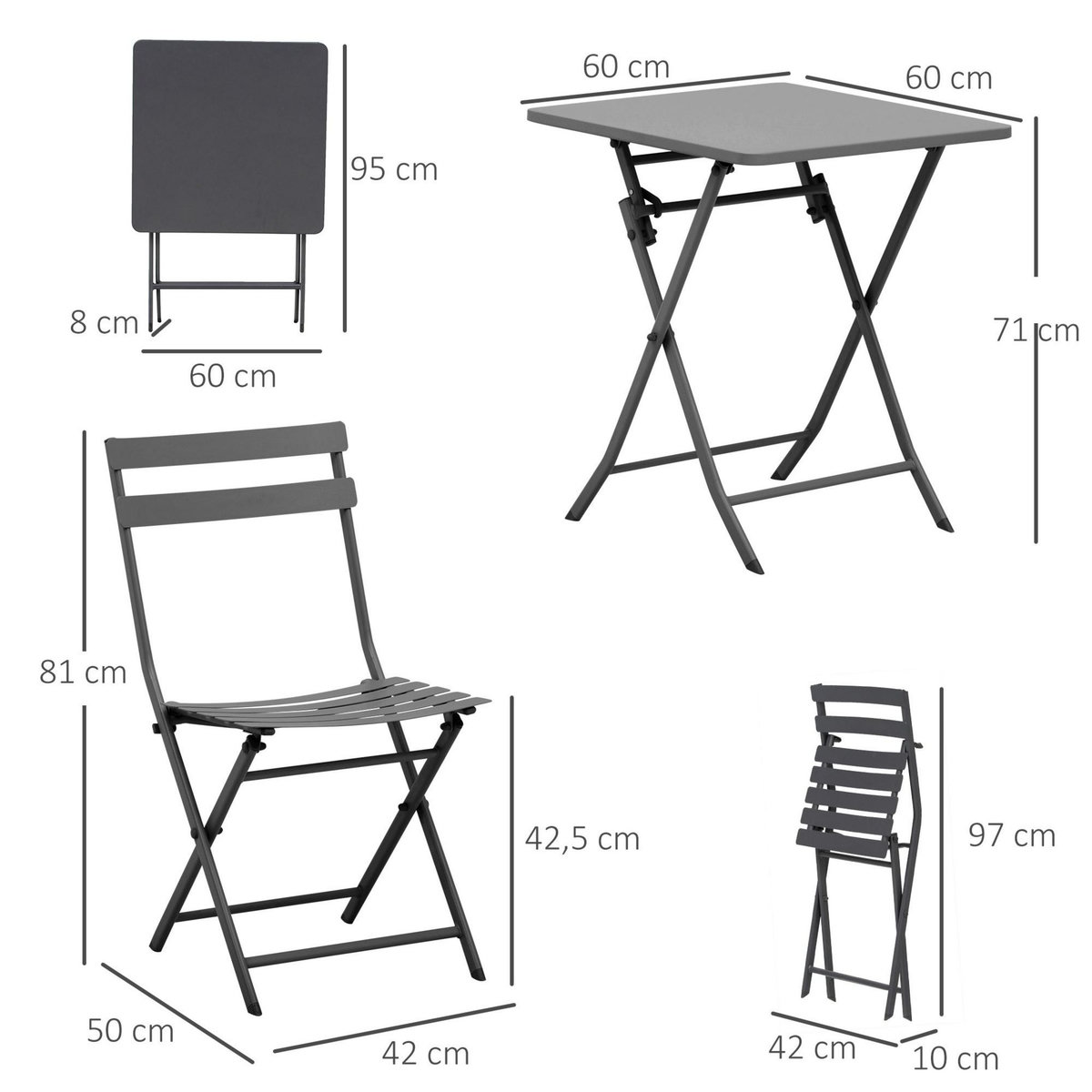 OUTSUNNY Salon de jardin bistro pliable - table carrée dim. 60L x 60l x 71H cm avec 2 chaises - métal thermolaqué gris