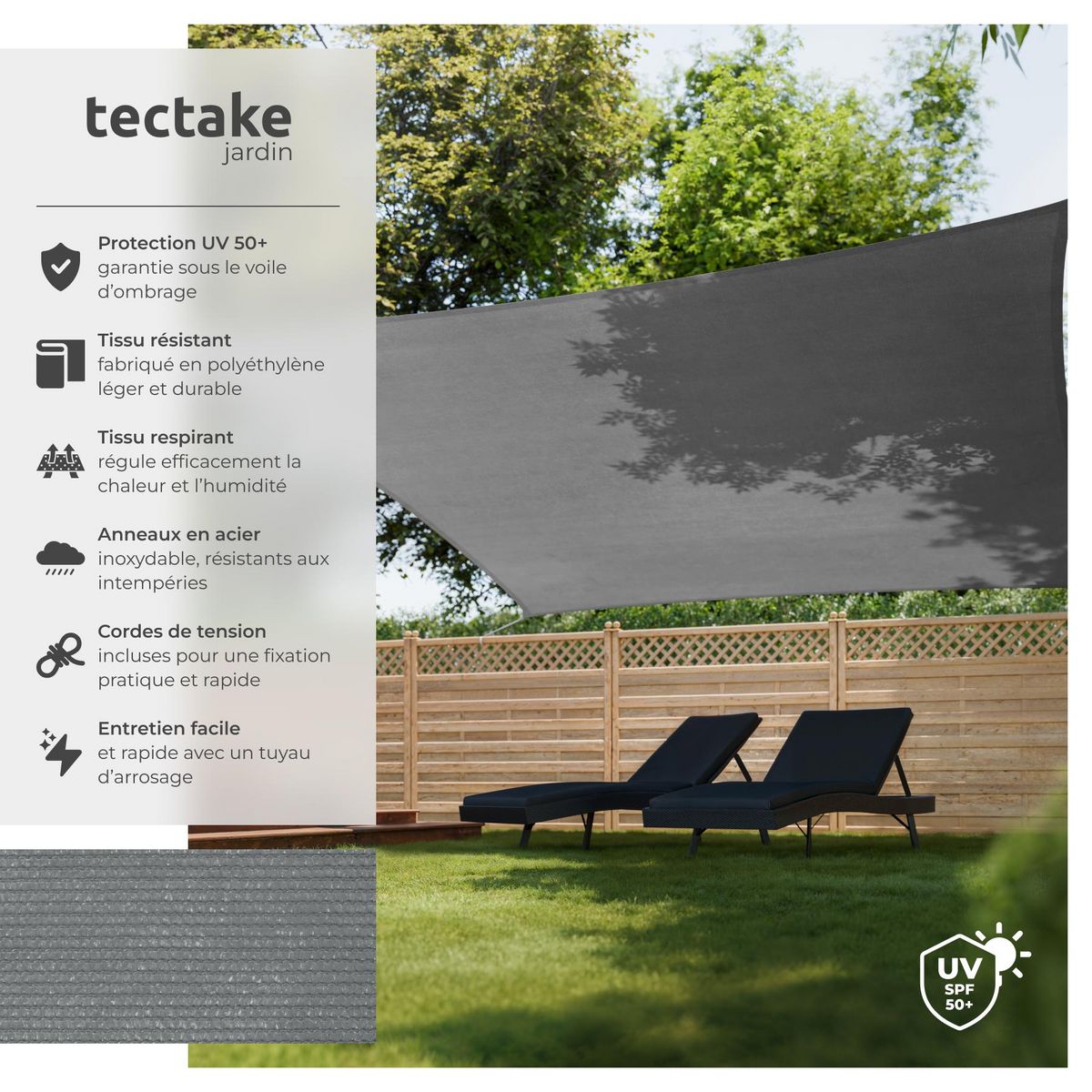 tectake Voile d'ombrage triangulaire rectangulaire avec une protection UV 50+ gris 5,4 x 5,4 m