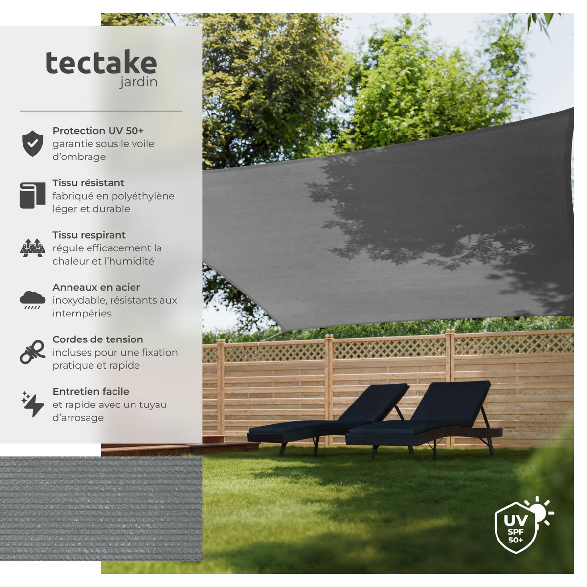 tectake Voile d'ombrage triangulaire rectangulaire avec une protection UV 50+ gris 5,4 x 5,4 m