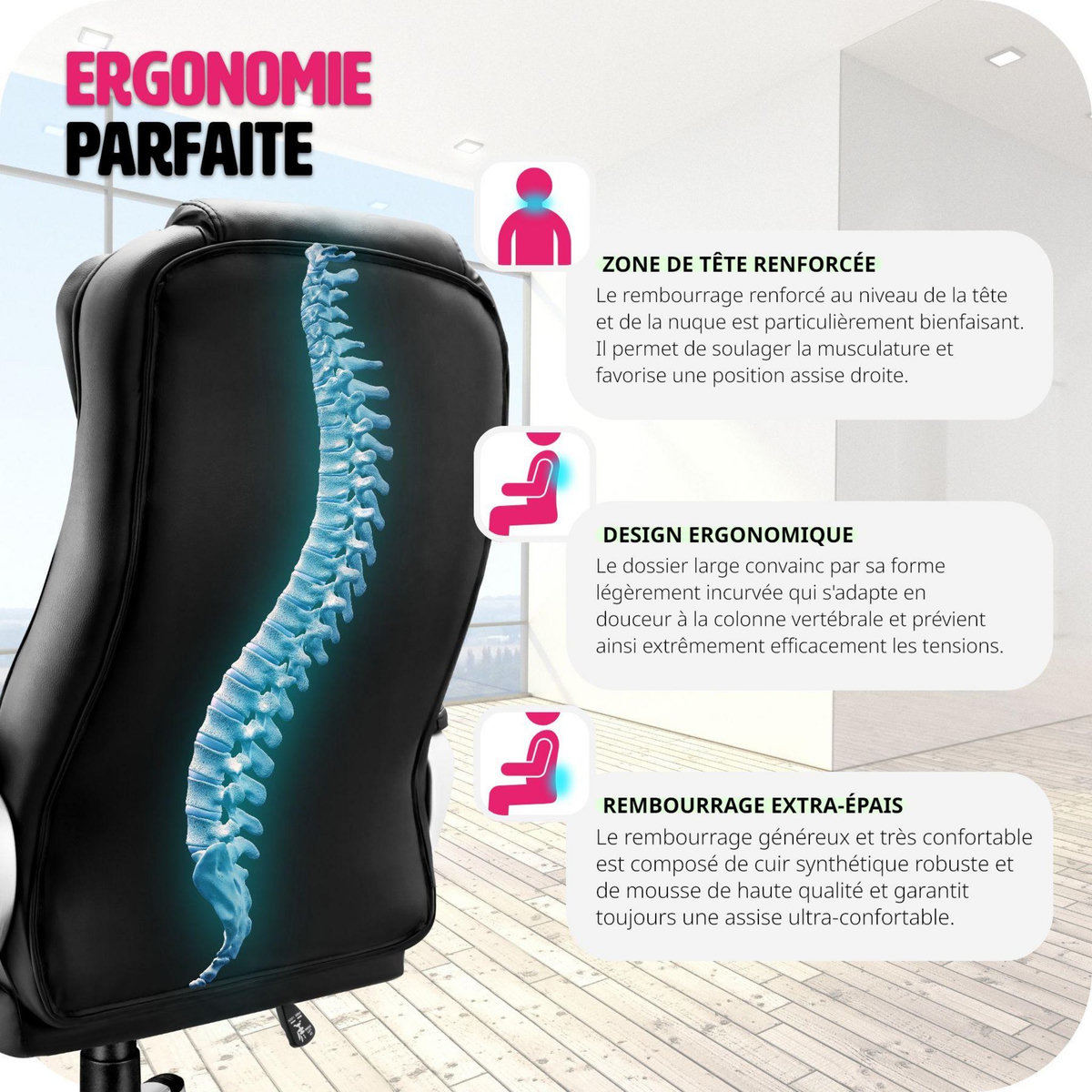 tectake Fauteuil de bureau rotatif à 360° et réglable en hauteur noir
