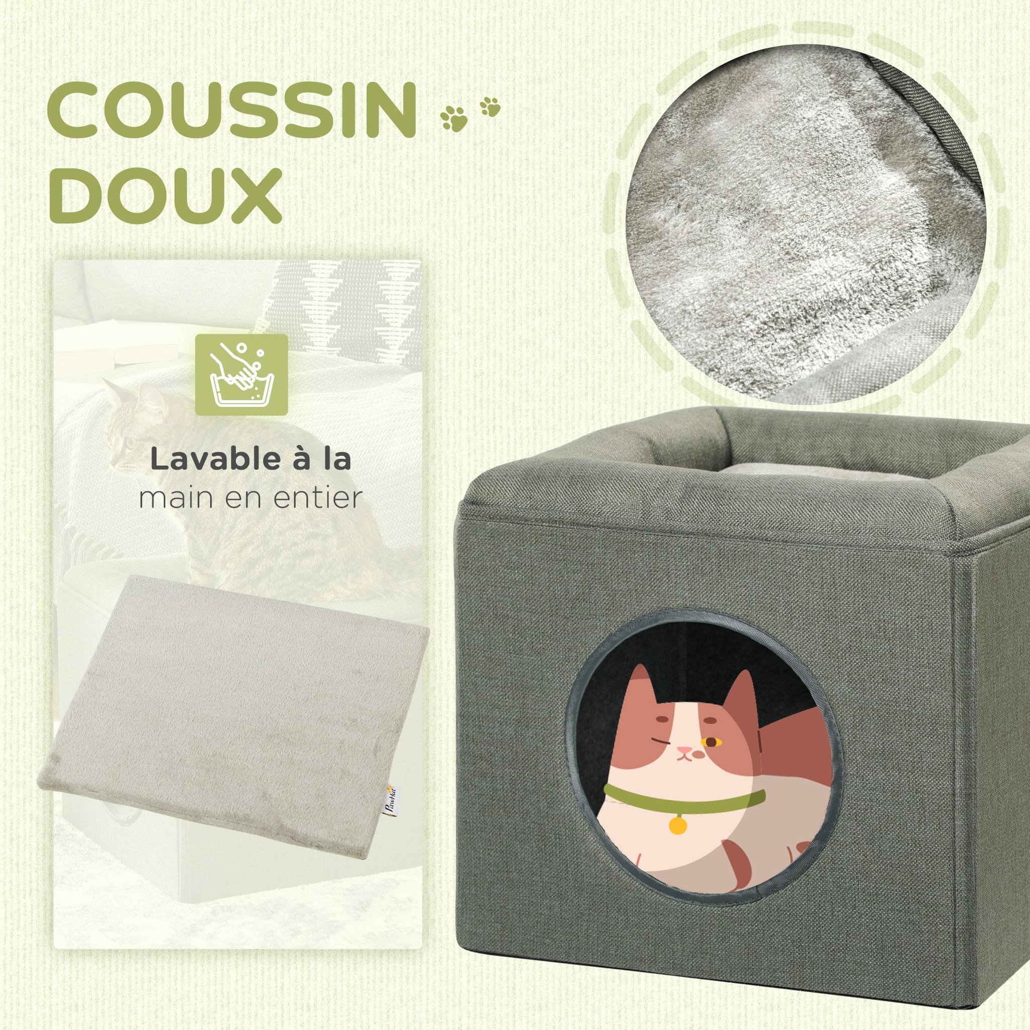Voir la diapositive 5 : PAWHUT Panier chat pouf 2 en 1 - coussin amovible lavable - mdf pvc tissu aspect lin vert de gris