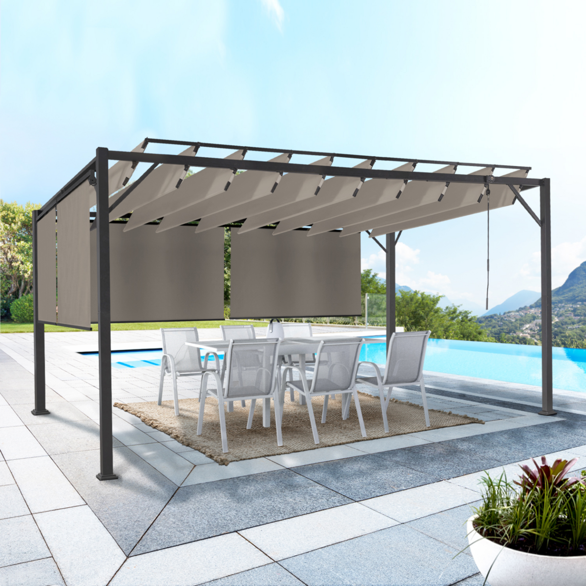 ID MARKET Pergola édition luxe lames orientables 3x4 M et 4 stores taupe