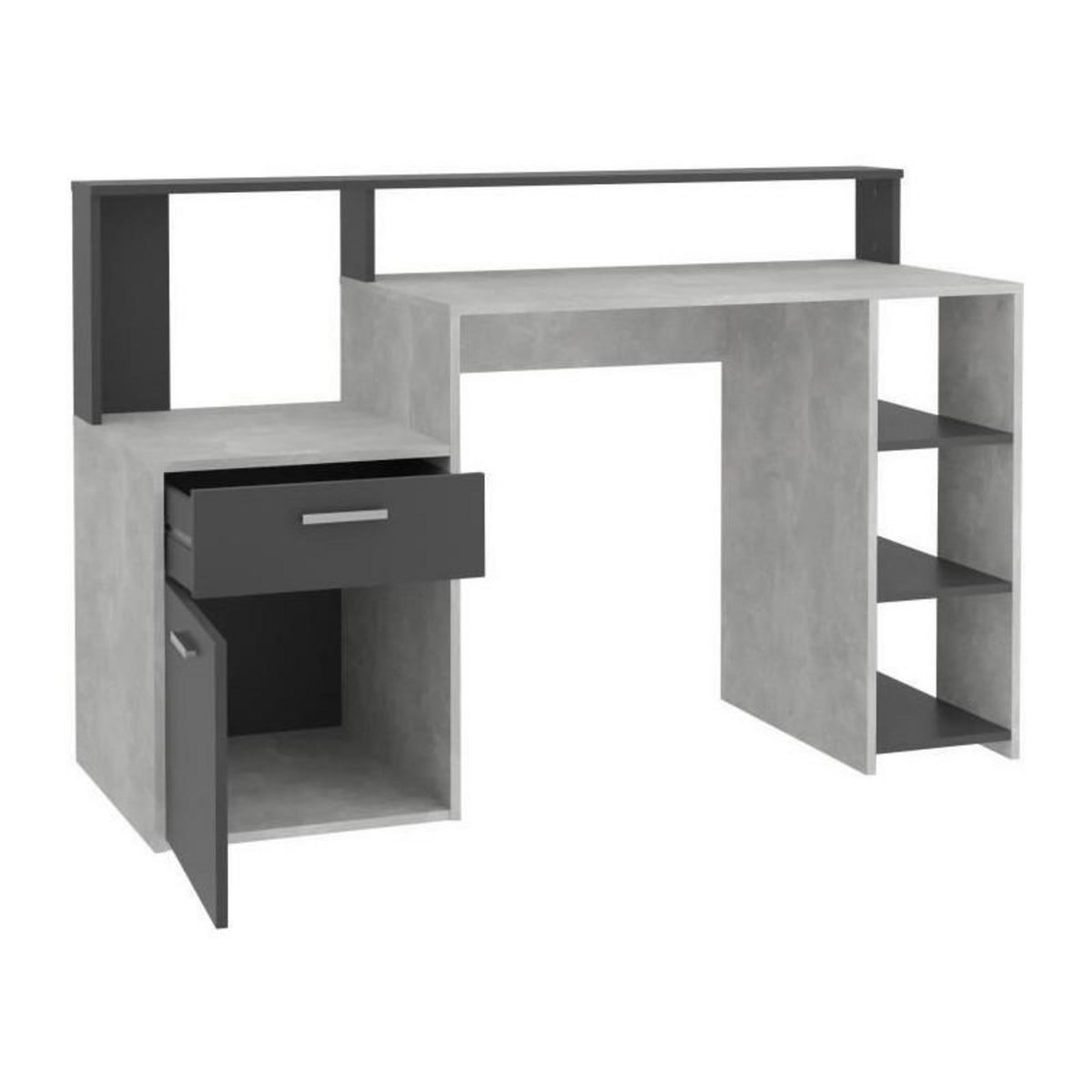 FMD Bureau avec réhausse et rangements BOLTON - Mélamine gris béton/antracite - L138,5 x H91,6 x P53,5 cm