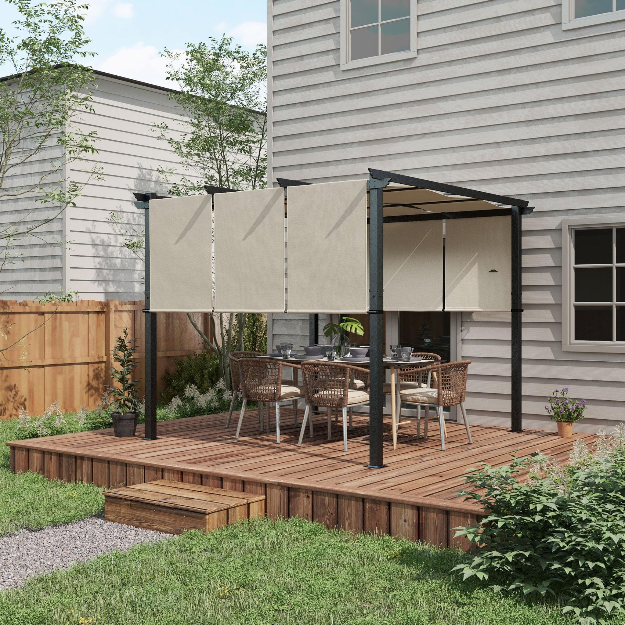 Voir la diapositive 4 : OUTSUNNY Pergola 3 toiles coulissantes - dim. 2,97L x 2,97l x 2,38H m - acier époxy polyester haute densité beige