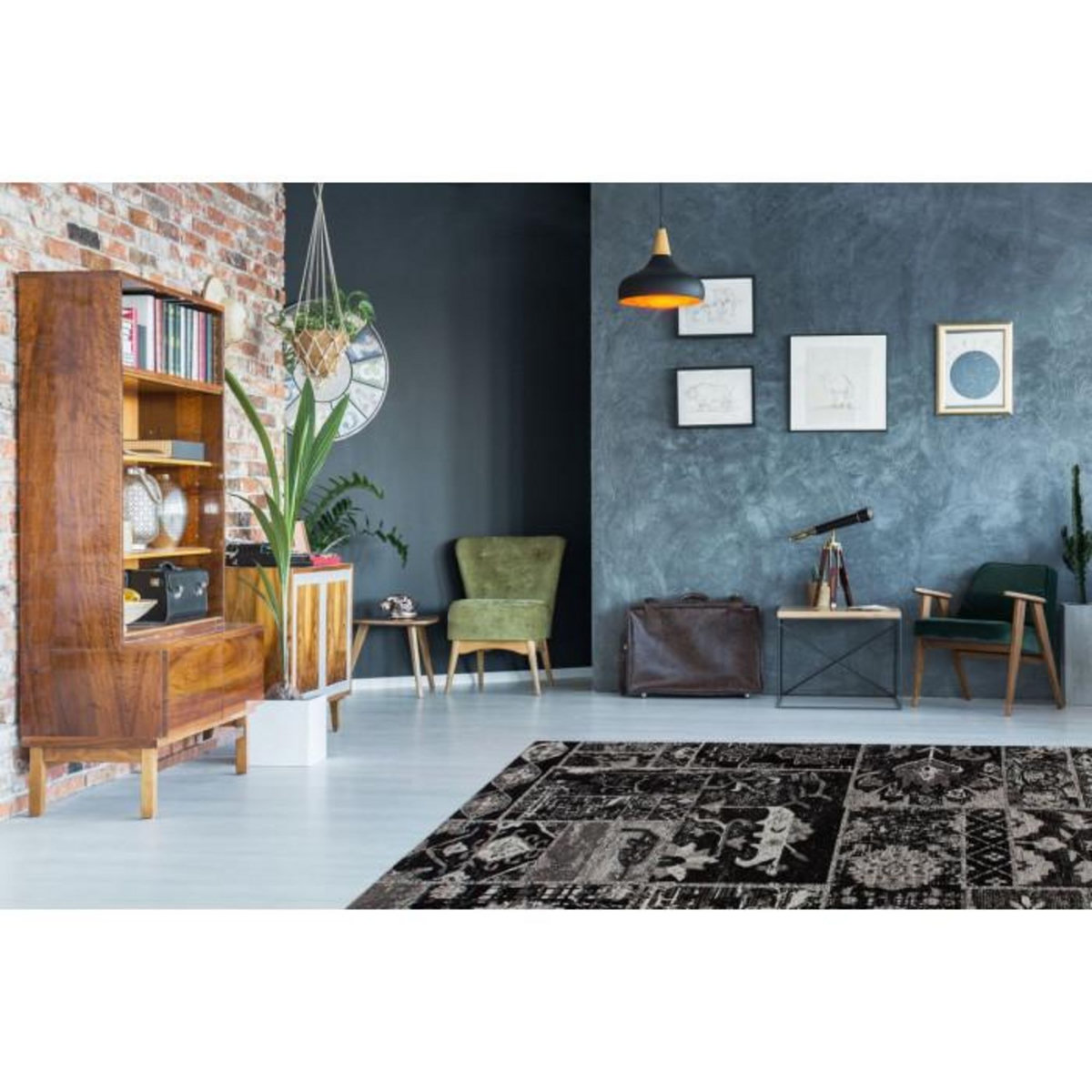 Paris Prix Tapis Imprimé Vintage  River  Gris & Noir