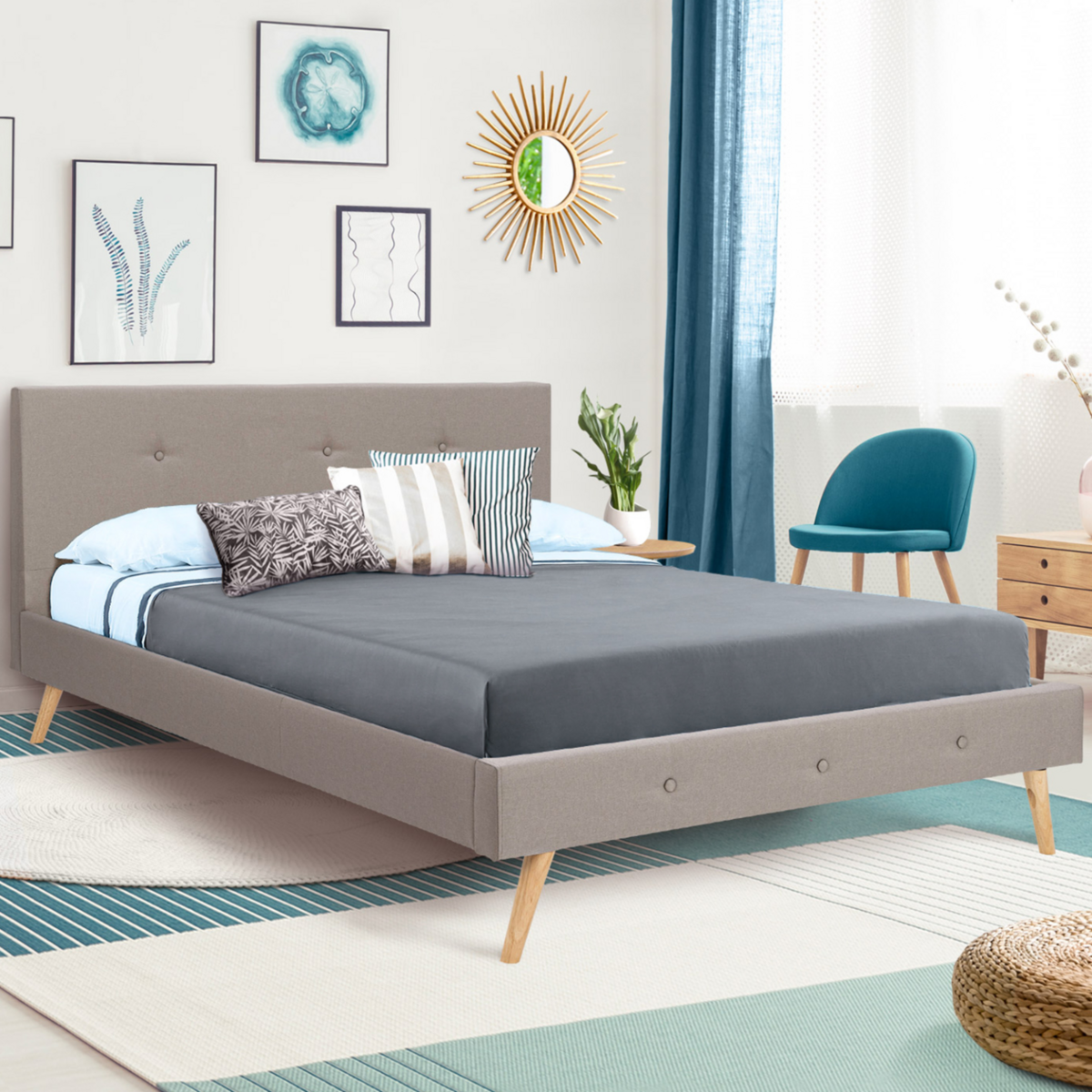 ID MARKET Lit double scandinave OSLO avec tête de lit et sommier 140 x 190 cm tissu beige effet lin