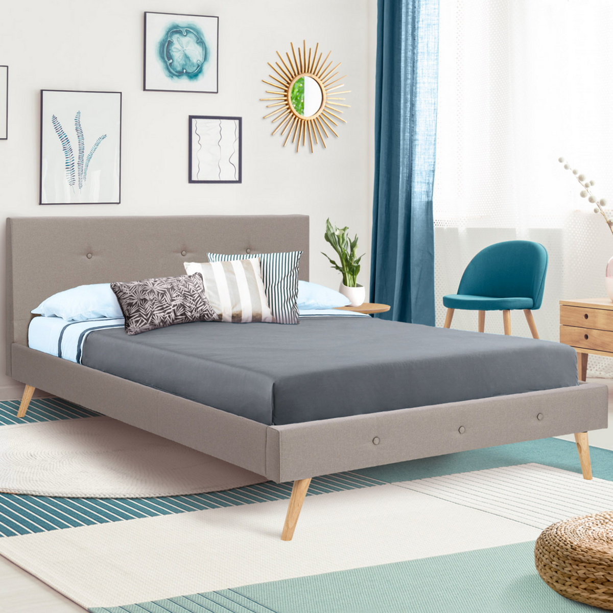 ID MARKET Lit double scandinave OSLO avec tête de lit et sommier 140 x 190 cm tissu beige effet lin